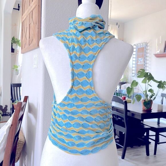 NWOT Free People Mock Neck Sleeveless Wavy Stripes Blue Mustard Tank Racer Back - Picture 10 of 11